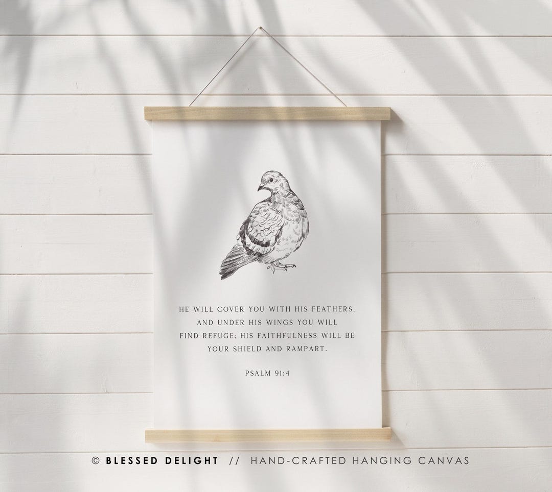 Pigeons Scripture Pigeon Hanging Canvas - Under His Wings You Will Find Refuge, Psalm 91: ...