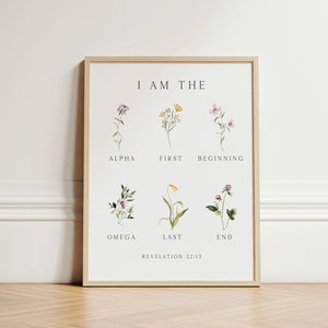 I am the Alpha Omega - Revelation 22:13 Floral Christian Wall Art, LARGE SIZE Bible Verse Wall Art, Scripture Art Print, Christian Artworks