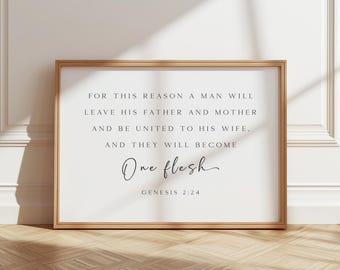 They will become One Flesh, Genesis 2:24, Bible Verse Wall Art, Scripture Art Print, Christian Wall Decor, Wedding Gift, Option w/ Oak Frame