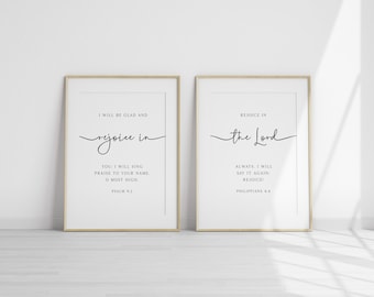 Rejoice in the Lord - Christian Wall Art, Set of 2 Art Print, Bible Verse Wall Art, Scripture Home Decor, Option w/ Oak Frame