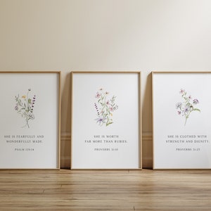 She Is Fearfully and Wonderfully Made - Set of 3 Christian Wall Art, Bible Verse Wall Art, Scripture Wall Art, Christian Wall for Wife Mom