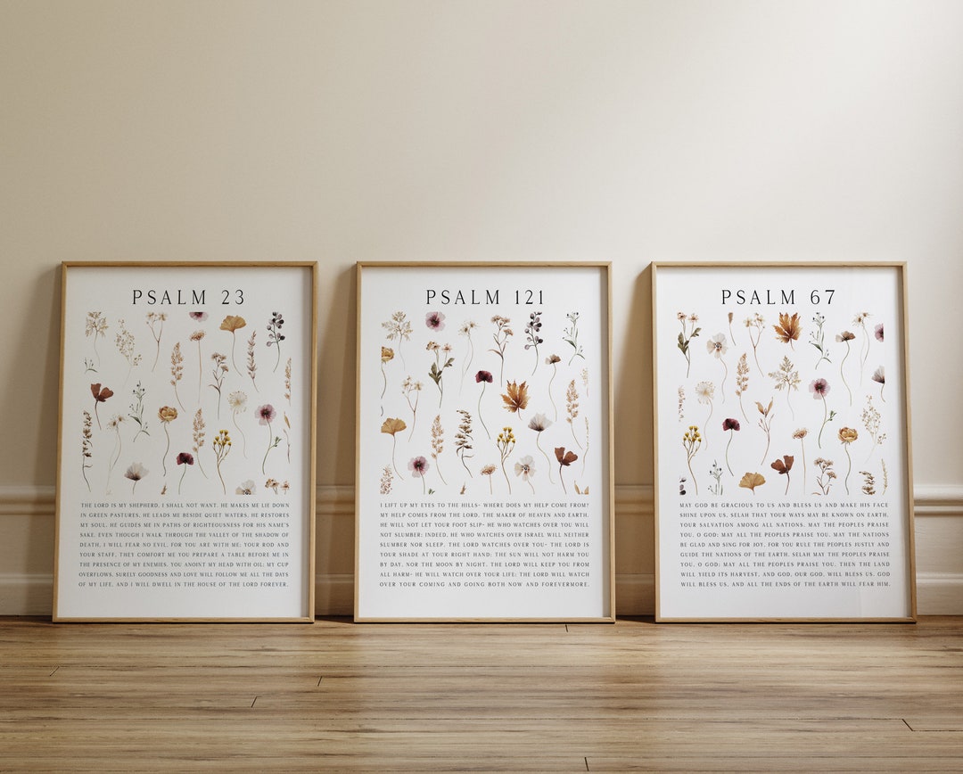 Christian Wall Art - Psalm 23 Psalm 121 Psalm 67, Set of 3 Floral Bible ...