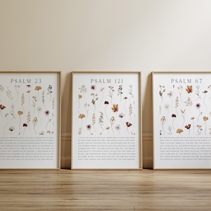 Christian Wall Art - Psalm 23 Psalm 121 Psalm 67, Set of 3 Floral Bible Verse Wall Art, Christian Art Print, Scripture Wall Art Decor
