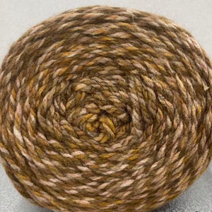 May include: A skein of yarn in shades of brown, beige, and gold. The yarn is wound into a ball shape and has a textured appearance.