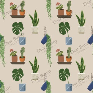 May include: A repeating pattern of potted plants on a beige background. The plants include cacti, snake plants, and monstera leaves. Some plants are in hanging blue pots. The text "Dear Bunny - STUDIO" is repeated throughout the image.