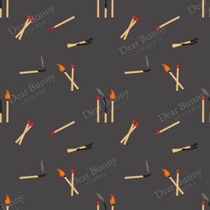 May include: A seamless pattern featuring matches in various states: lit, burning, and extinguished. The matches have red tips and are set against a dark gray background. Some matches are smoking, and some are in groups.