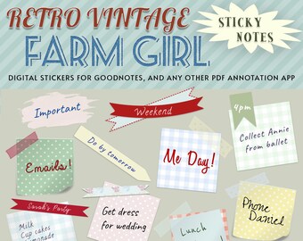 RETRO VINTAGE FARM Girl digital stickers | PNGs and GoodNotes bullet journal, notebook and planner stickers | Digital Sticky notes