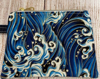 Small Zipper Pouch, Blue, Waves Print With Attached Wristlet