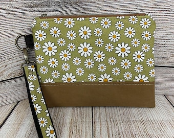 White Floral Print, Zipper Pouch Clutch, Removable Wristlet