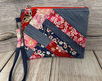 Patchwork Zipper Pouch, Red, Pink, Floral Print, Denim, With Removable Wristlet