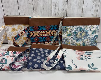 Wristlet Zipper Pouch Clutch, Faux Leather Accent