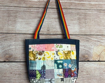 Multicolor Patchwork Small Tote Bag, Colorful, Denim Accent, Rainbow