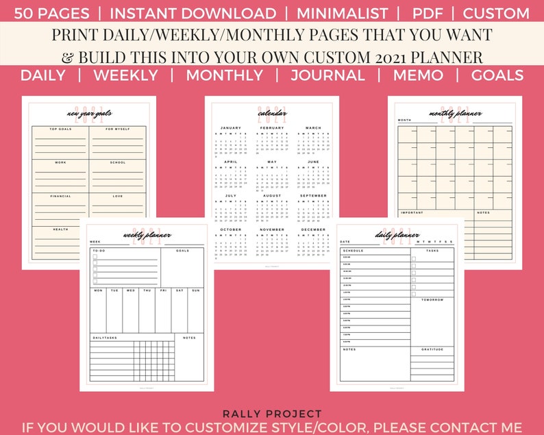 Printable Daily Weekly Monthly Planner 2021 Planner Download Minimalist ...