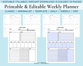 Editable Printable Weekly Planner | Fillable Planner | Digital Download | Classic | Minimalist | Planner | Custom | Editable | Monthly Daily