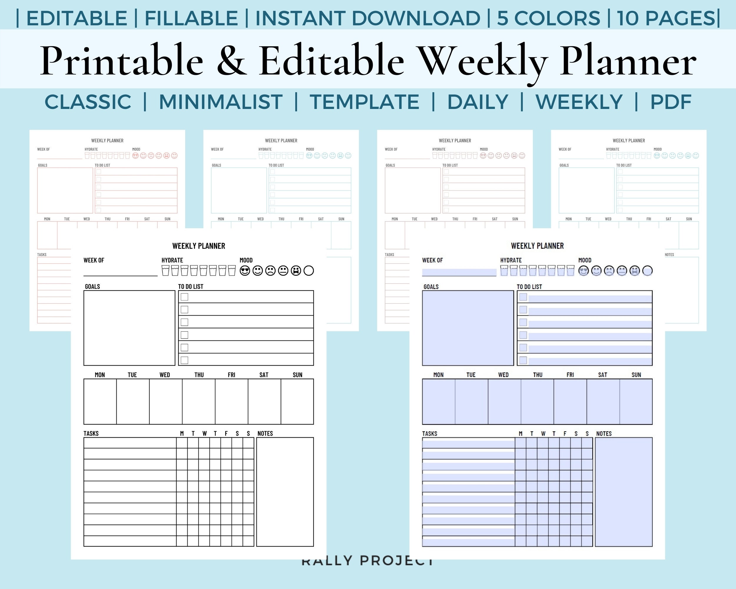 Editable Weekly Planner Template  Instant Download Fillable PDF