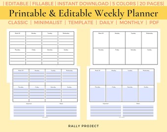 Editable Printable Weekly Planner | Fillable Planner | Digital Download | Digital Planner | Custom Planner | Daily Planner | Bundle Planner
