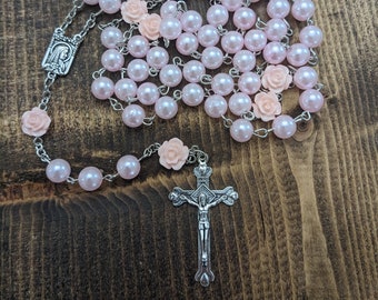 Pink Rose Rosary, Catholic Womens and Girls Confirmation Gifts