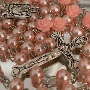 Pink Rose Rosary Beads / Catholic Necklace / Holy Soil Medal & Crucifix
