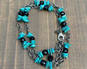 Vintage 925 Sterling Silver Beaded Turquoise + Black Spinel  Chain Necklace