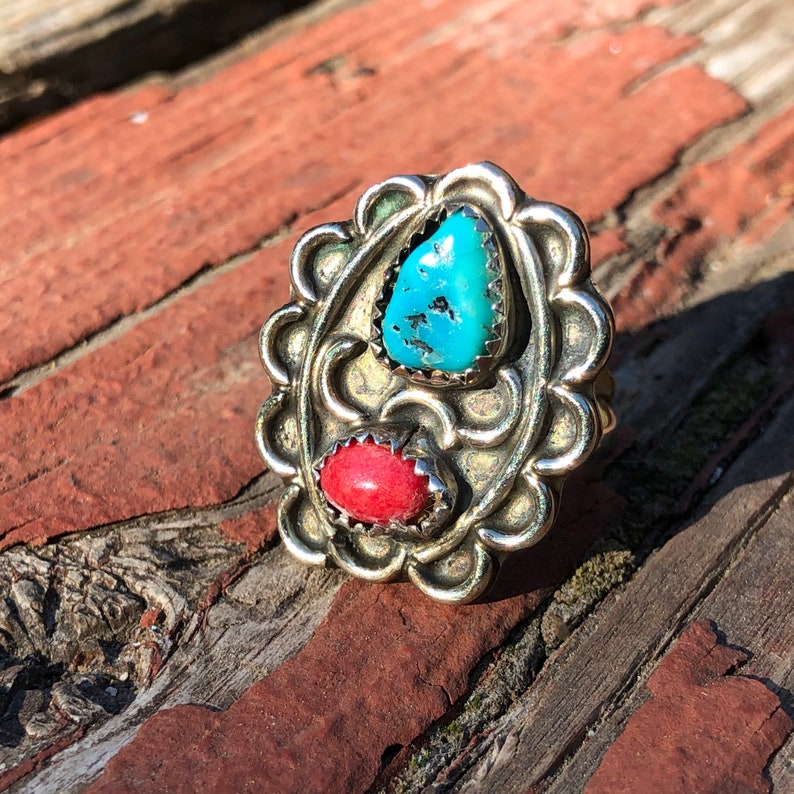 Vintage Native American Navajo sterling silver turquoise coral old statement ring