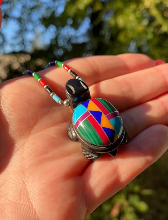 Vintage Native American Carved Onyx Multi Stone Inlay Turtle