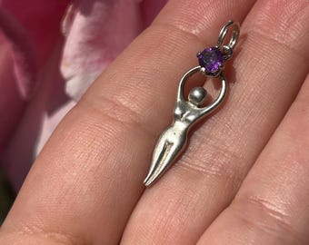 Vintage 90s New Old 925 Sterling + Amythest Stone Accent Moon Goddess Pendant
