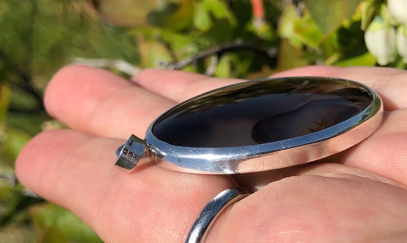 May include: A silver pendant featuring a dark brown agate stone. The pendant is oval shaped and has a smooth, polished finish. The stone displays a natural, organic pattern. The pendant is marked with "925" on the side.