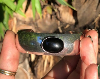 Vintage Mexico Taxco sterling silver onyx stamped cuff bracelet