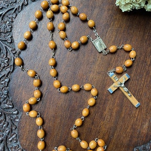 Vintage Italian metal + carved wood rosary  crucifix necklace