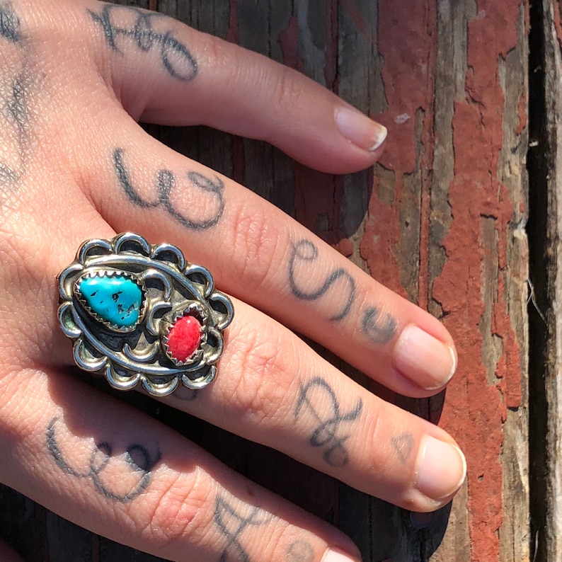 Vintage Native American Navajo sterling silver turquoise coral old statement ring
