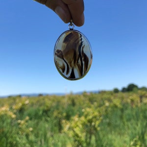 May include: A silver oval pendant featuring a brown and white agate stone. The stone has a swirling pattern.