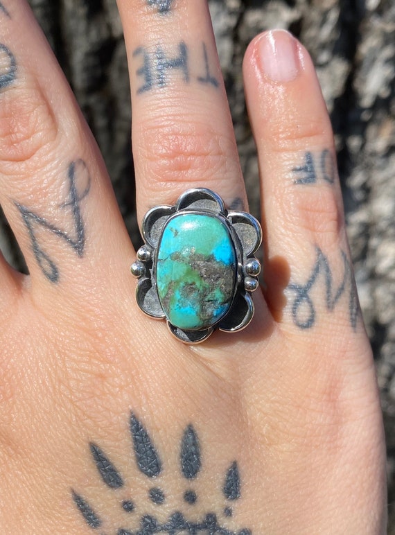 Very Old!! Vintage Native American Navajo Triangular Turquoise Inlay Sterling Silver Ring Very Old!! Vintage Native American Navajo Triangular Turquoise Inlay Sterling Silver Ring