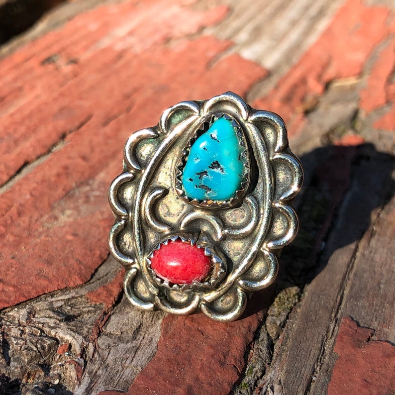 Vintage Native American Navajo sterling silver turquoise coral old statement ring