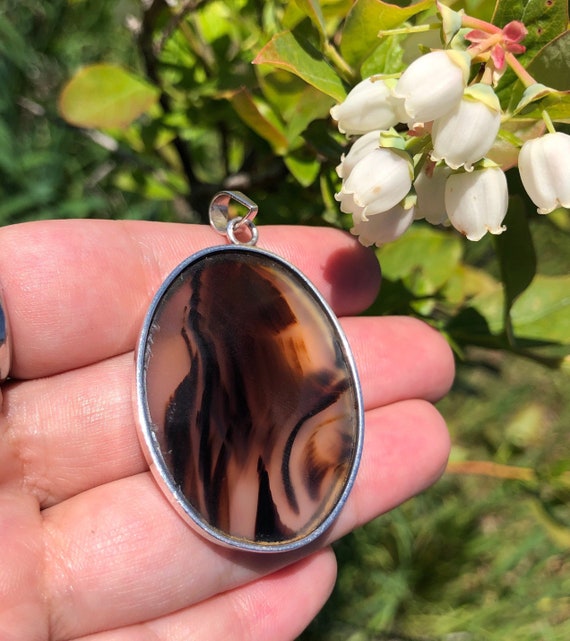 Vintage southwestern large agate stone slice + sterling silver pendant