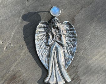 Vintage 1990s Sterling Silver 925 + Moonstone Mystical Angel Large Pendant