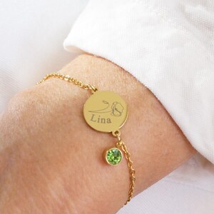 personalized stainless steel bracelet with engraving plate and birthstone, name bracelet engraved with birth flower
