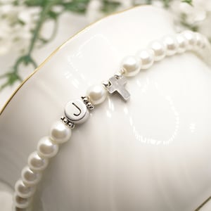 Carta de pulsera cruzada, pulsera de perlas personalizada, pulsera carta de deseo de cruz, pulsera de bautismo, joyería cristiana, personalizada