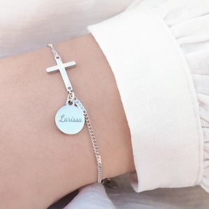 Gegraveerde armband kruis, communie cadeau, bevestigingsarmband, beschermengel, dooparmband, gepersonaliseerd verjaardagscadeau