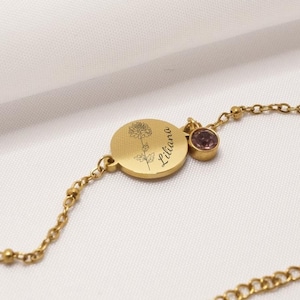 personalized stainless steel bracelet with engraving plate and birthstone, name bracelet engraved with birth flower