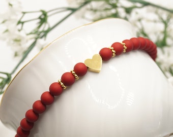 Beaded bracelet red heart, Christmas bracelet, friendship bracelet, bracelet for girls, golden heart, red beads, gift for girlfriend