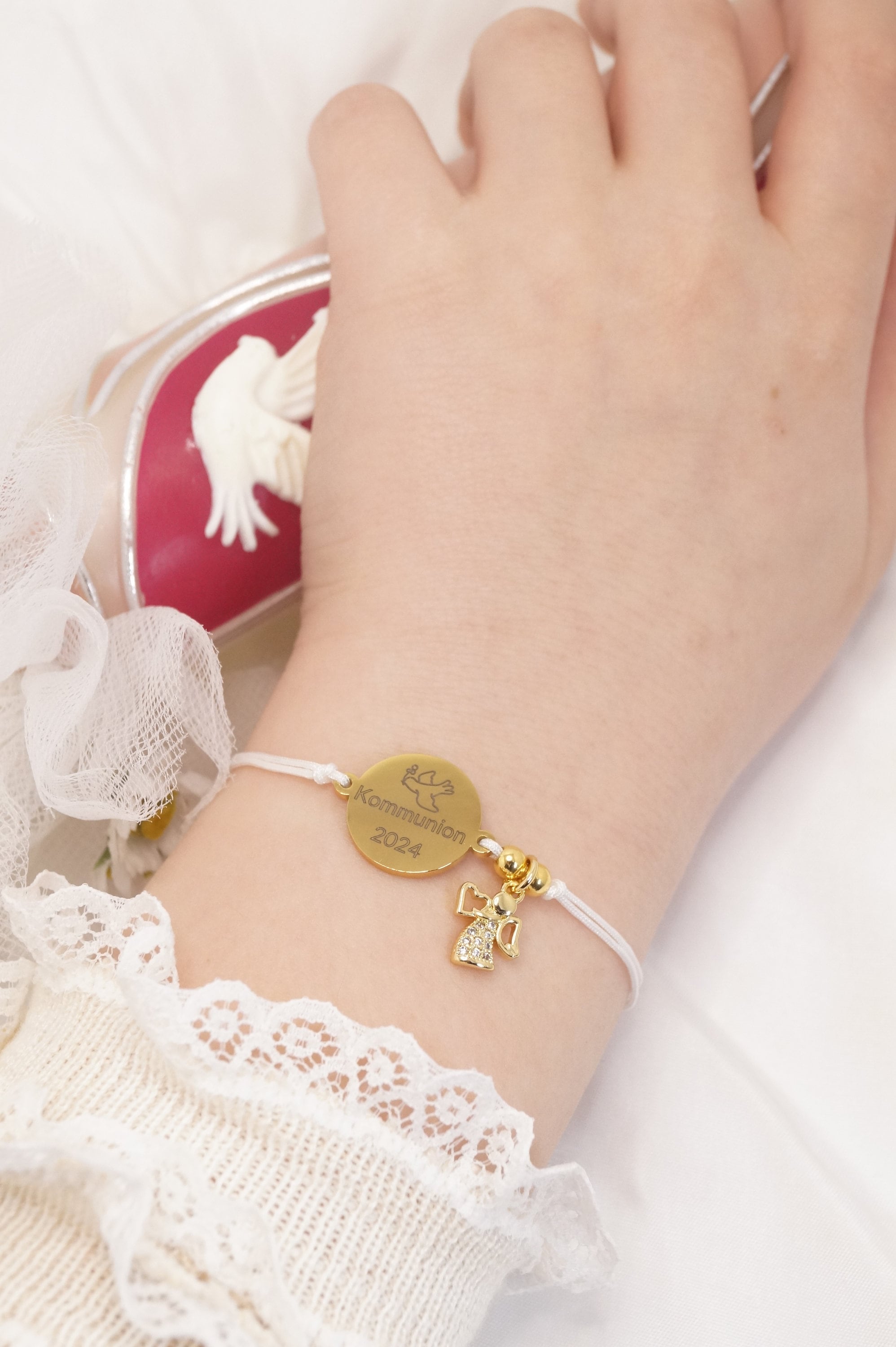 Bracciale Bambina In Oro 9kt Con Angioletto E Cuore - Personalizzabile, Per Battesimo, Comunione, Nascita - Foto 4