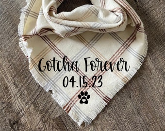 Gotcha Forever dog bandana, Gotcha day dog bandana with date, frayed dog bandana, plaid dog bandana, tie on dog bandana, gift for new dog