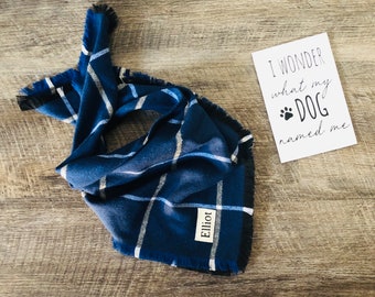 Personalized blue and white Plaid Dog Bandana, Soft Pet Flannel, Bandana With Name, Animal Neckwear, Dog Scarf, frayed dog bandana with name