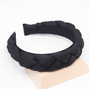 Black Satin Plait Headband: Thick Braid Woven Hairband