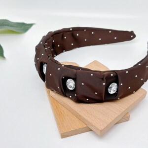 Brown Satin Rhinestone Headband: Ruched Twist Hairband
