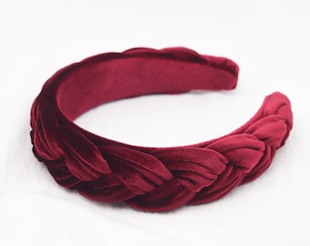 Burgundy Velvet Braid Headband: Wide Plait Twist Hairband