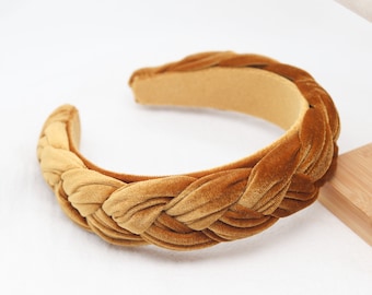 Mustard Velvet Braided Headband: Wide Woven Plait Hairband