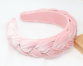 Pink Velvet Braided Headband: Wide Plait Woven Hairband