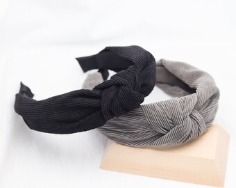 Black Corduroy Knotted Headband: Satin Lined Twist Hairband
