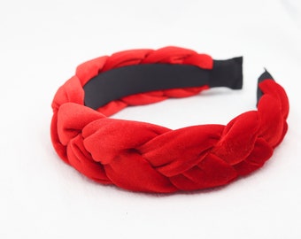 Red Velvet Braided Headband: Wide Plait Woven Hair Accessory